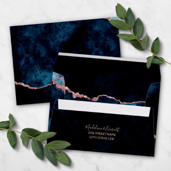 Navy Blue & Rose Gold Gilded Agate Marble Wedding Envelope by GraphicBrat at Zazzle