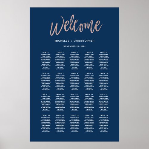 Navy Blue  Rose Gold Glam Chic Seating Chart