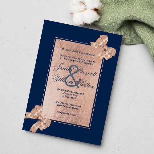 Navy blue rose gold glam floral bow wedding invitation