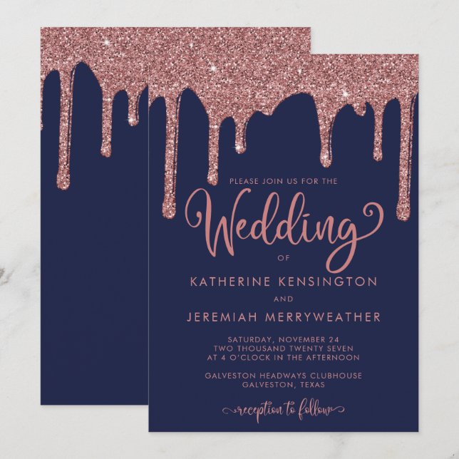 Navy Blue Rose Gold Glam Glitter Wedding Invitation (Front/Back)