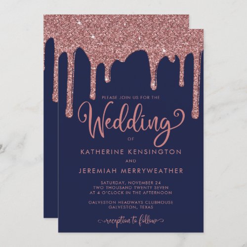 Navy Blue Rose Gold Glam Glitter Wedding Invitation