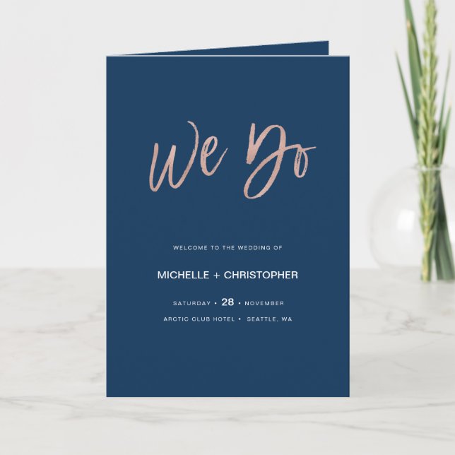 Navy Blue & Rose Gold Glam Wedding Program Booklet (Front)