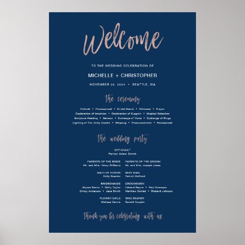 Navy Blue  Rose Gold Glam Wedding Program Sign