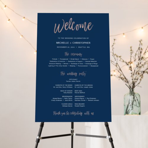 Navy Blue  Rose Gold Glam Wedding Program Sign