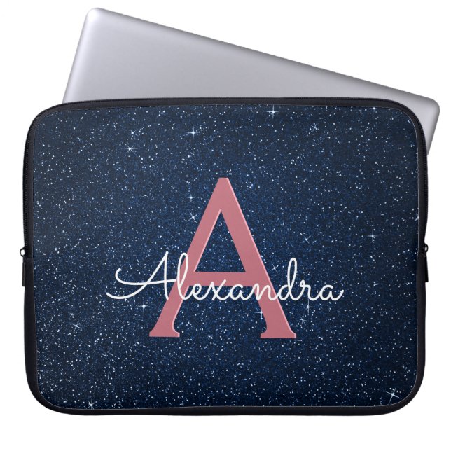 Navy Blue & Rose Gold Glitter and Sparkle Monogram Laptop Sleeve (Front)