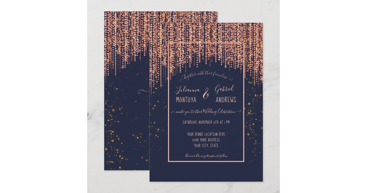 Navy Blue Rose Gold Glitter Blush Confetti Wedding Invitation | Zazzle
