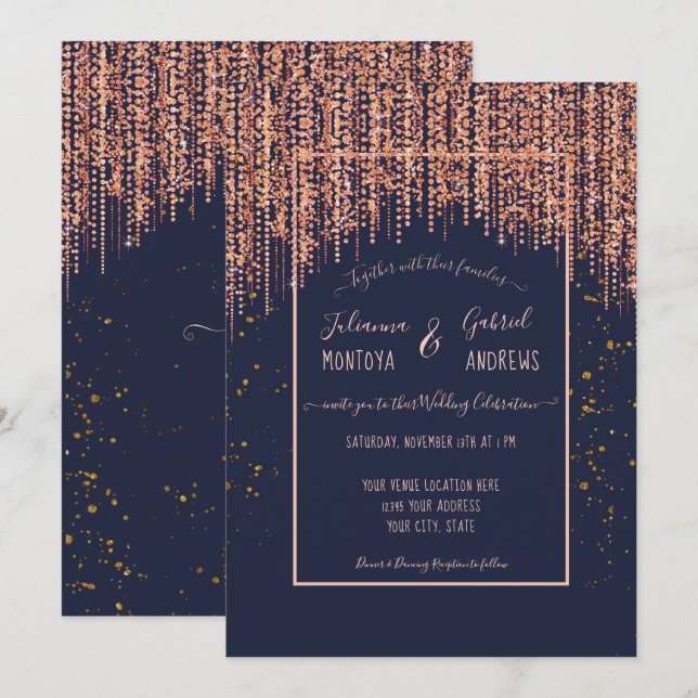 Navy Blue Rose Gold Glitter Blush Confetti Wedding Invitation (Front/Back)