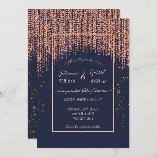 Navy Blue Rose Gold Glitter Blush Confetti Wedding Invitation