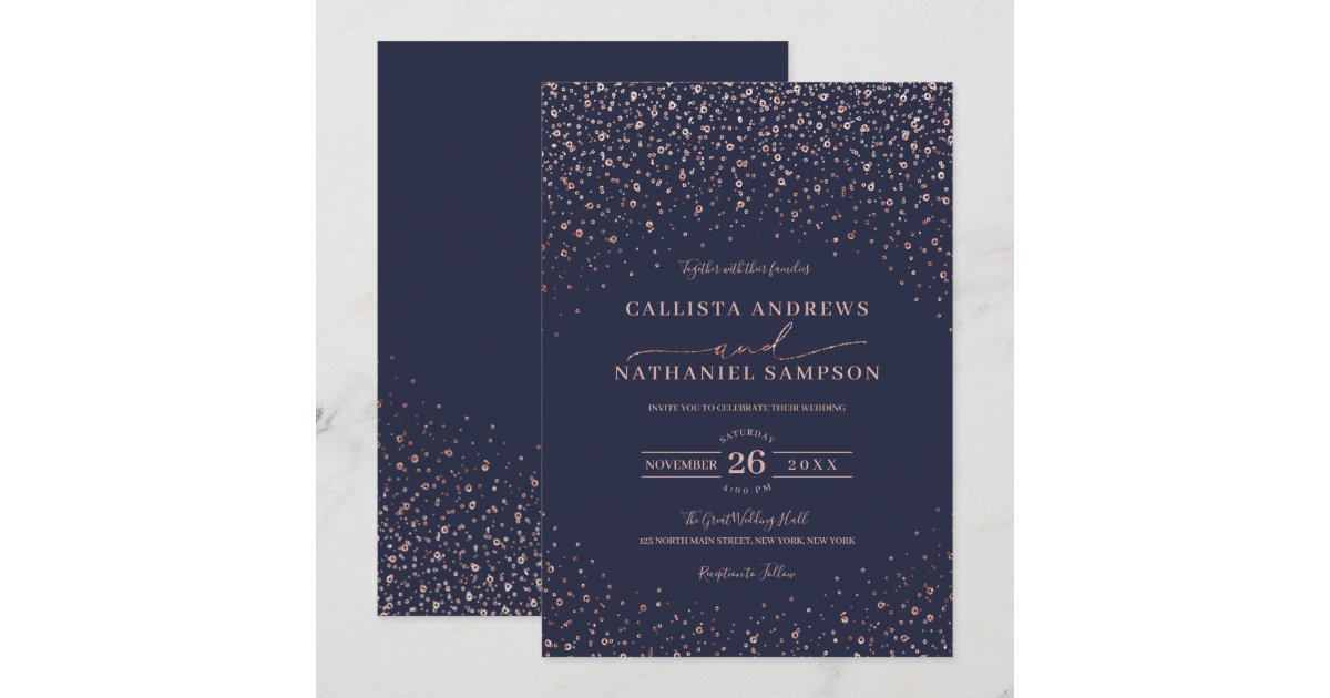 Navy Blue Rose Gold Glitter Confetti Wedding Invitation | Zazzle