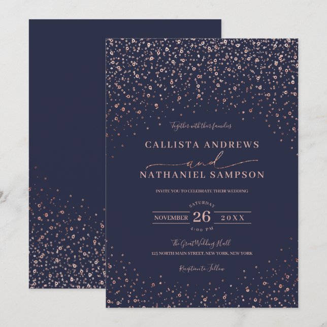 Navy Blue Rose Gold Glitter Confetti Wedding Invitation (Front/Back)