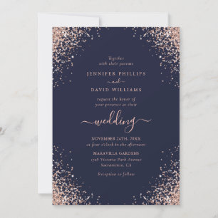 Navy Blue Rose Gold Glitter Confetti Wedding Invitation