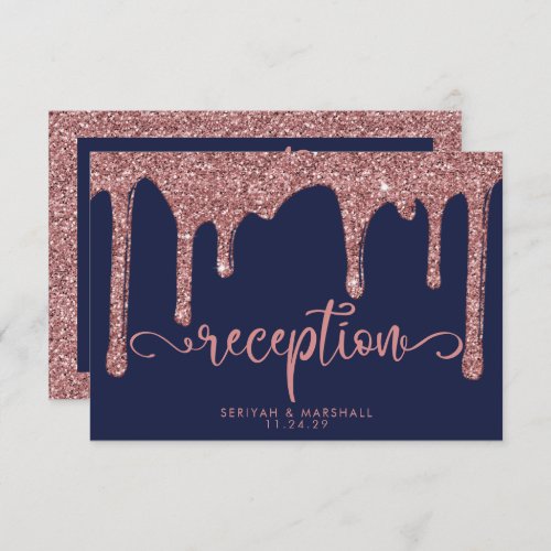 Navy Blue Rose Gold Glitter Drip Wedding Reception Enclosure Card