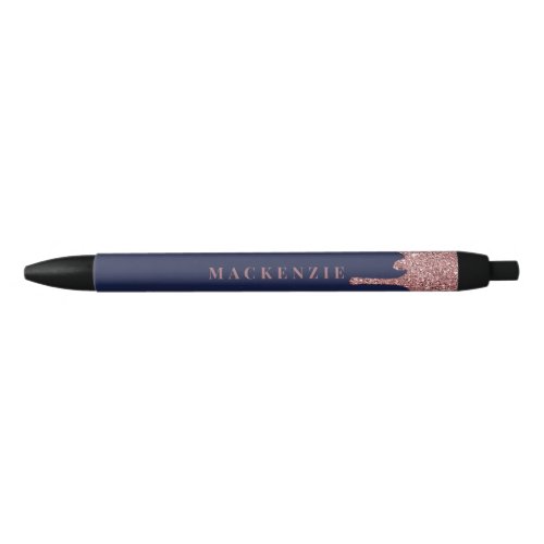 Navy Blue Rose Gold Glitter Dripping Luxury Black Ink Pen