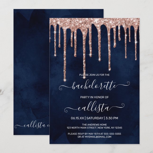 Navy Blue Rose Gold Glitter Drips Bachelorette Invitation (Front/Back)
