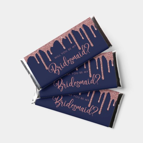 Navy Blue Rose Gold Glitter Drips Be My Bridesmaid Hershey Bar Favors