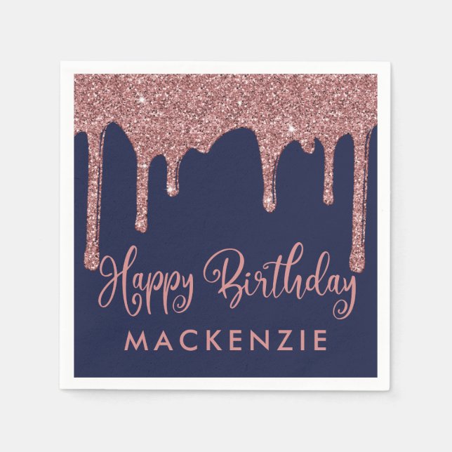 Navy Blue Rose Gold Glitter Drips Birthday Napkins (Front)