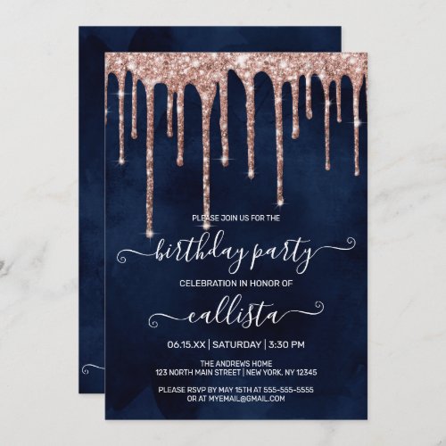 Navy Blue Rose Gold Glitter Drips Birthday Party Invitation