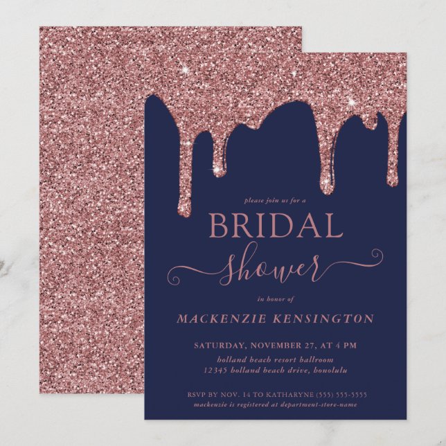 Navy Blue Rose Gold Glitter Drips Bridal Shower Invitation (Front/Back)