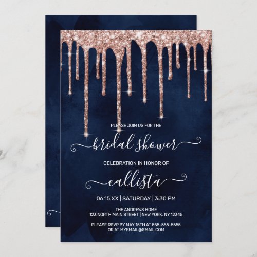 Navy Blue Rose Gold Glitter Drips Bridal Shower Invitation