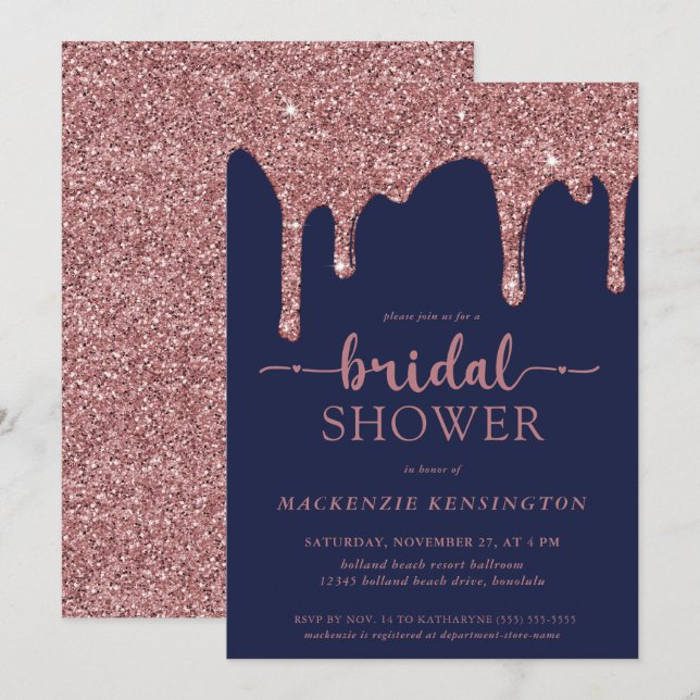Navy Blue Rose Gold Glitter Drips Bridal Shower Invitation (Front/Back)
