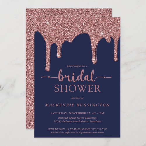 Navy Blue Rose Gold Glitter Drips Bridal Shower Invitation