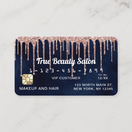 Navy Blue Rose Gold Glitter Drips Credit Business Card