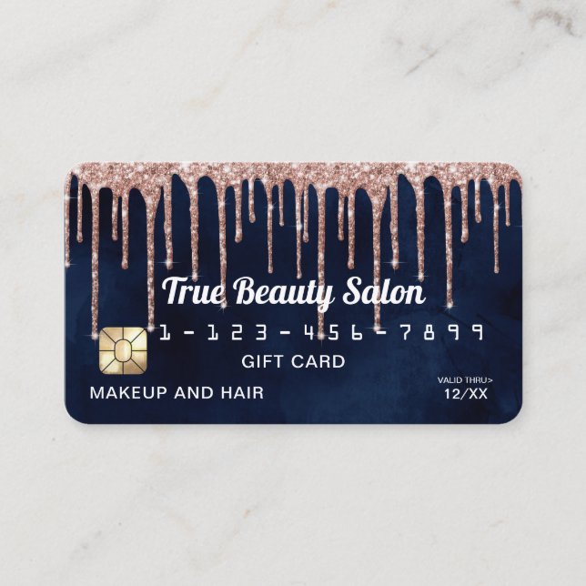 Navy Blue Rose Gold Glitter Drips Credit Gift Business Card (Front)