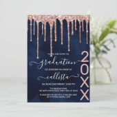 Navy Blue Rose Gold Glitter Drips Graduation Party Invitation (Standing Front)