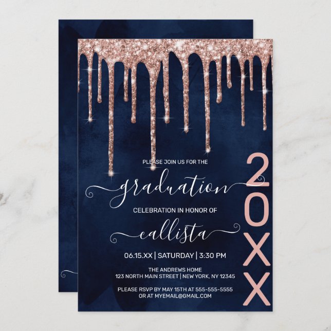 Navy Blue Rose Gold Glitter Drips Graduation Party Invitation (Front/Back)