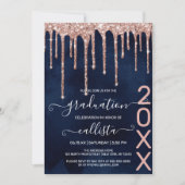 Navy Blue Rose Gold Glitter Drips Graduation Party Invitation (Front)