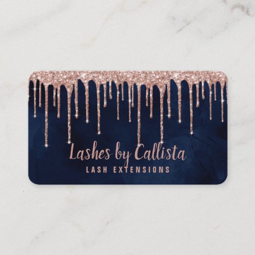 Navy Blue Rose Gold Glitter Drips Lashes Business Card