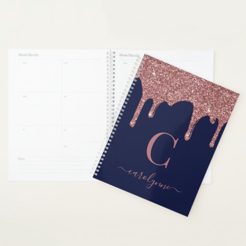 Navy Blue Rose Gold Glitter Drips Luxury Monogram Planner