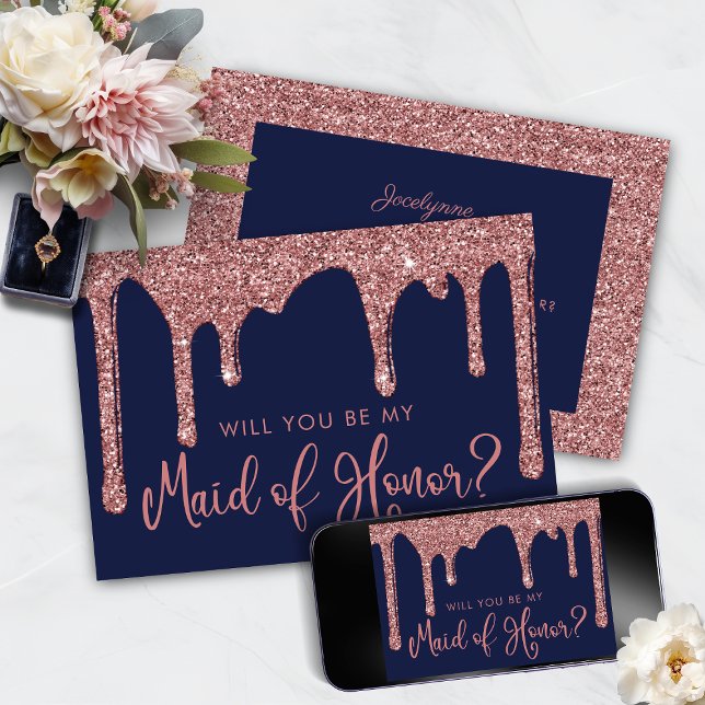 Navy Blue Rose Gold Glitter Drips Maid of Honor Invitation (Navy Blue Rose Gold Glitter Drips Maid of Honor Proposal)