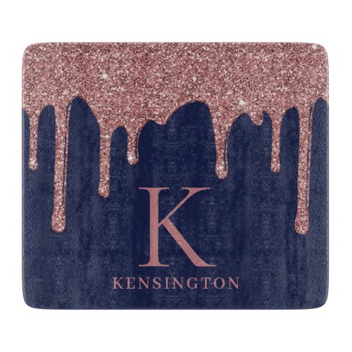 Navy Blue Rose Gold Glitter Drips Monogram Cutting Board