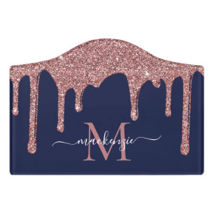 Navy Blue Rose Gold Glitter Drips Monogram Door Sign