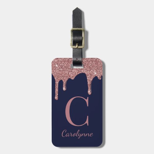 Navy Blue Rose Gold Glitter Drips Monogram Luggage Tag
