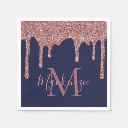 Navy Blue Rose Gold Glitter Drips Monogram Napkins