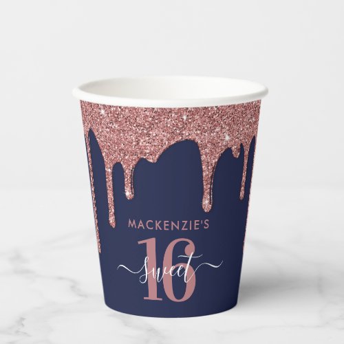 Navy Blue Rose Gold Glitter Drips Monogram Paper Cups