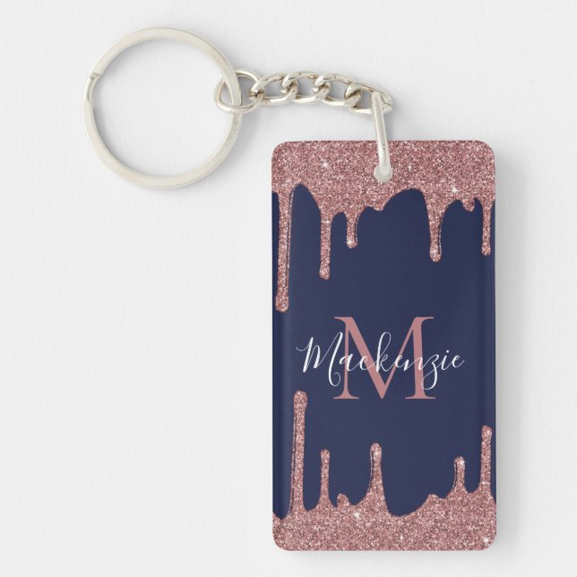 Navy Blue Rose Gold Glitter Drips Monogram Photo Keychain (Front)