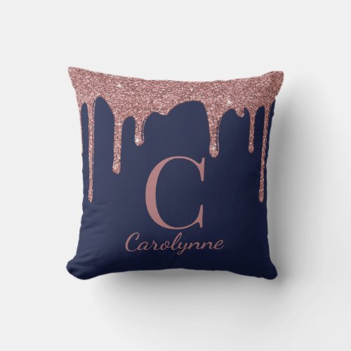 Navy Blue Rose Gold Glitter Drips Monogram Throw Pillow