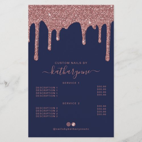 Navy Blue Rose Gold Glitter Drips Price List Flyer