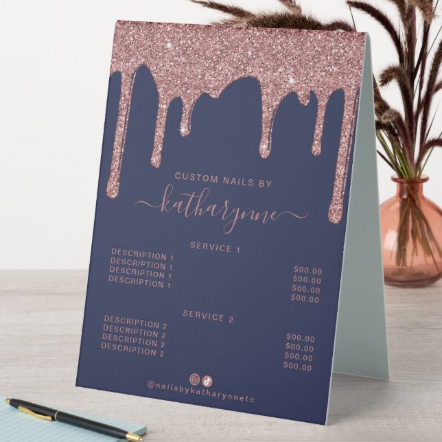 Navy Blue Rose Gold Glitter Drips Price List Table Tent (In SItu (Table))