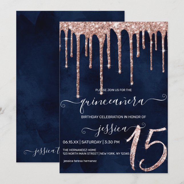 Navy Blue Rose Gold Glitter Drips Quinceañera Invitation (Front/Back)