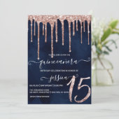 Navy Blue Rose Gold Glitter Drips Quinceañera Invitation (Standing Front)