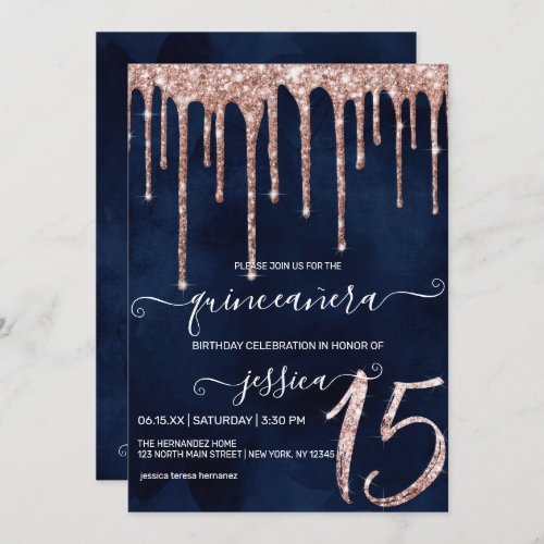 Navy Blue Rose Gold Glitter Drips Quinceaera Invitation