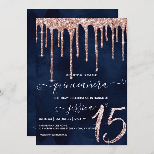 Navy Blue Rose Gold Glitter Drips Quinceañera Invitation (Front/Back)