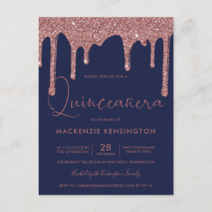 Navy Blue Rose Gold Glitter Drips Quinceañera Postcard