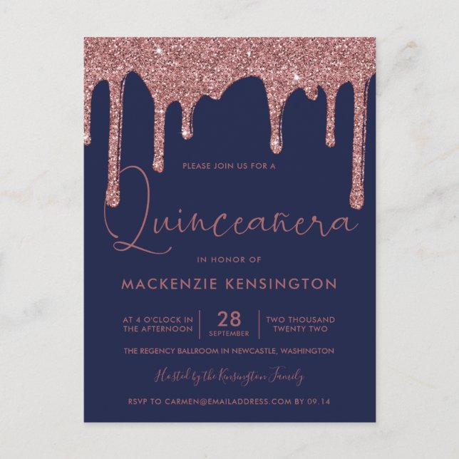 Navy Blue Rose Gold Glitter Drips Quinceañera Postcard (Front)