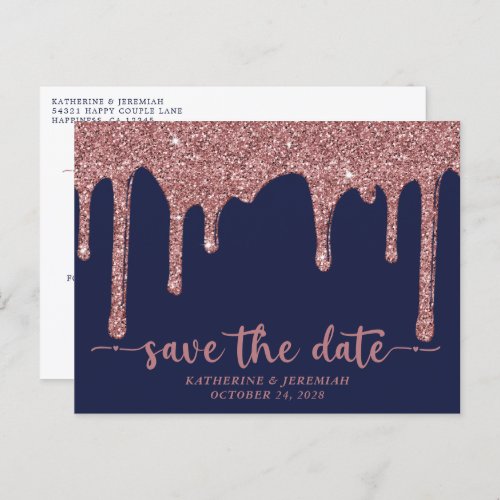Navy Blue Rose Gold Glitter Drips Save The Date Announcement Postcard