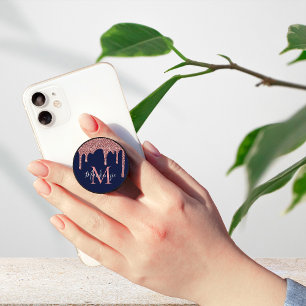 Navy Blue Rose Gold Glitter Drips Sparkle Monogram PopSocket